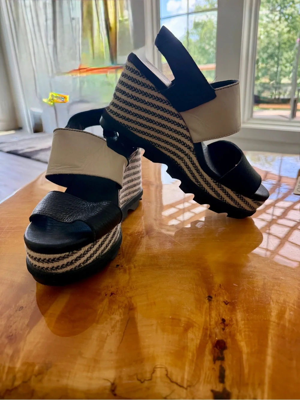 Sorel Black and Cream Striped Espadrille Wedge Sandals